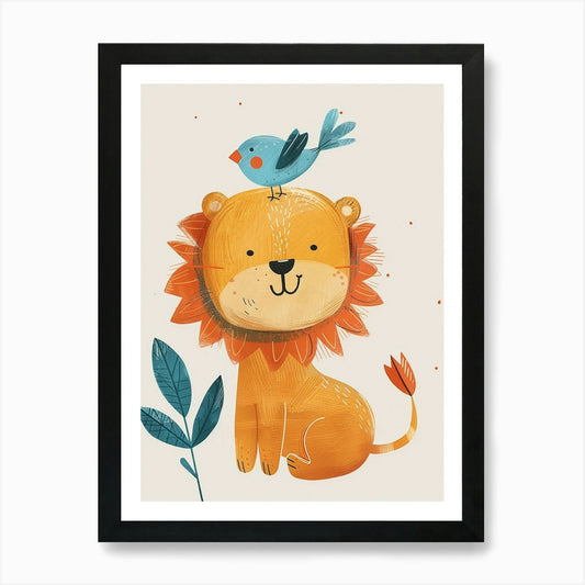 Small Joyful Lion With A Bird On It Framed Wall Art Poster Canvas Print Picture