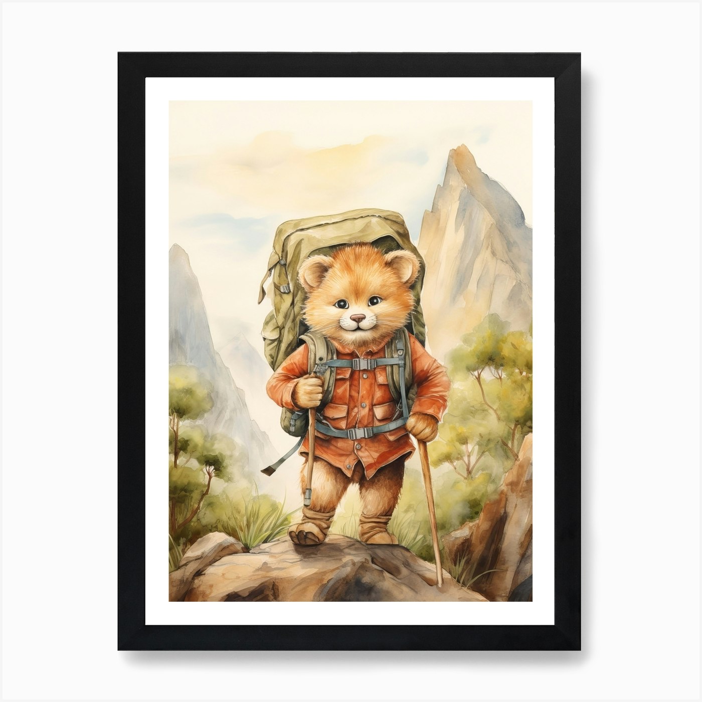 Hiking Watercolour Lion Art Paintin Framed Wall Art Poster Canvas Print Picture