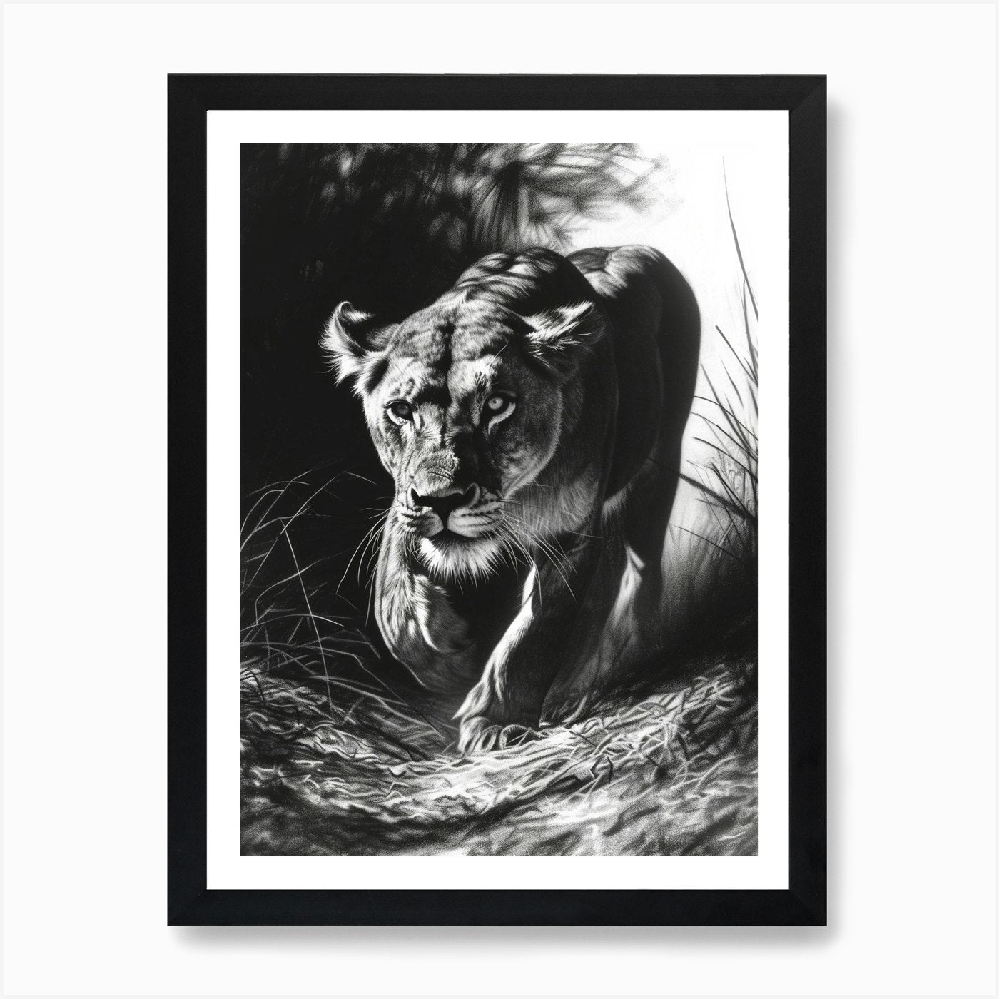 Barbary Lion Charcoal Drawing Lione Framed Wall Art Poster Canvas Print Picture