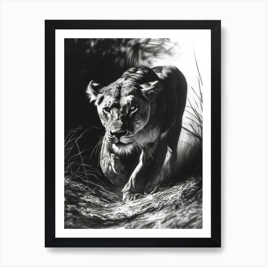 Barbary Lion Charcoal Drawing Lione Framed Wall Art Poster Canvas Print Picture