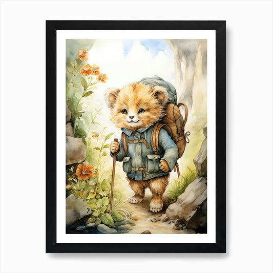 Hiking Watercolour Lion Art Paintin Framed Wall Art Poster Canvas Print Picture