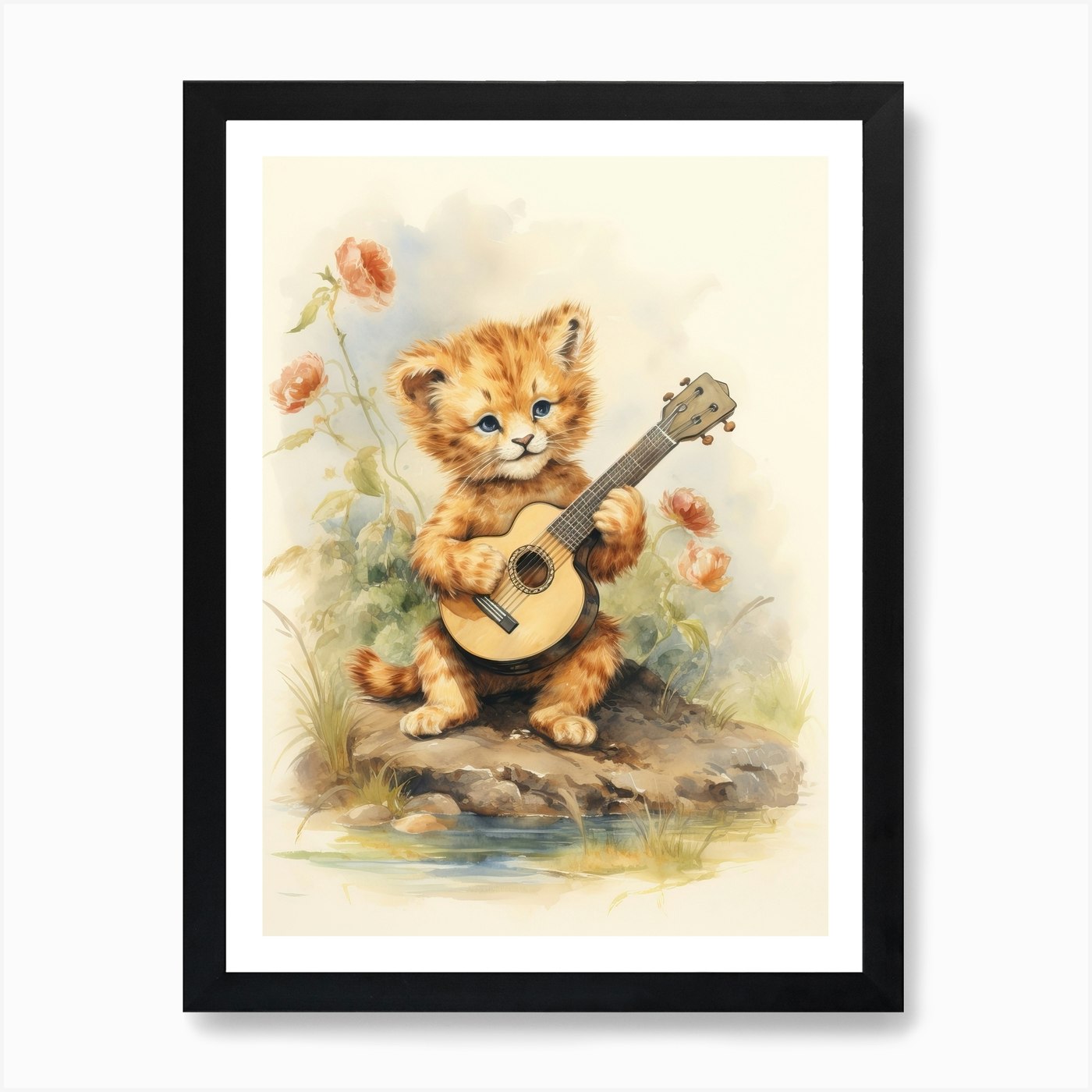 Playing Music Watercolour Lion Art  Framed Wall Art Poster Canvas Print Picture
