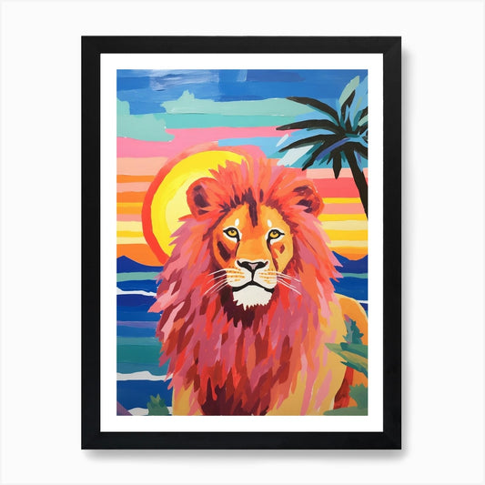 Vivid Bright Lion In The Sunset 4 A Framed Wall Art Poster Canvas Print Picture