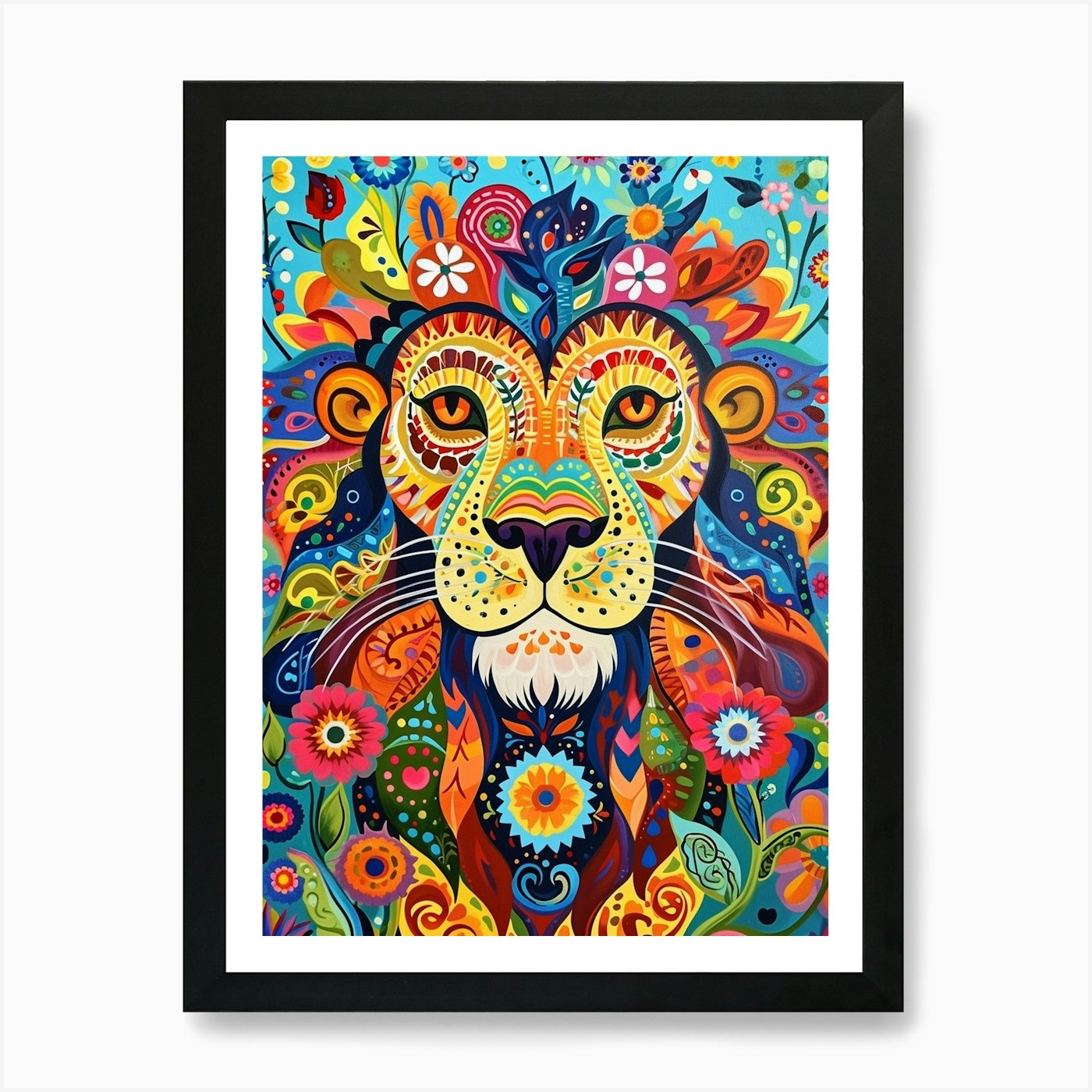 Folk Pattern Lion 4 Art Print Framed Wall Art Poster Canvas Print Picture