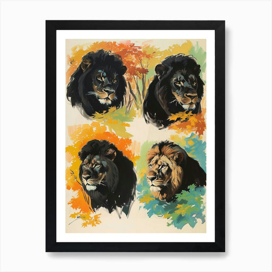 Black Lion Lion In Different Season Framed Wall Art Poster Canvas Print Picture