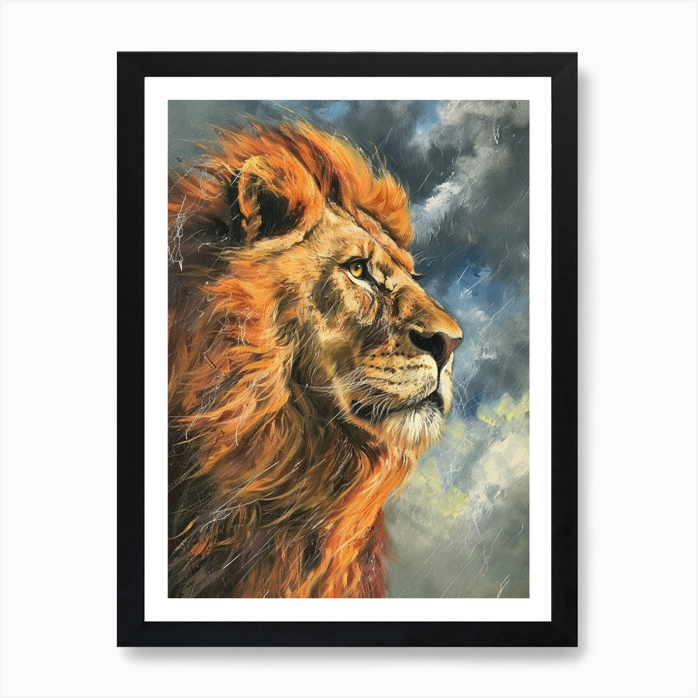 African Lion Facing A Storm Acrylic Framed Wall Art Poster Canvas Print Picture
