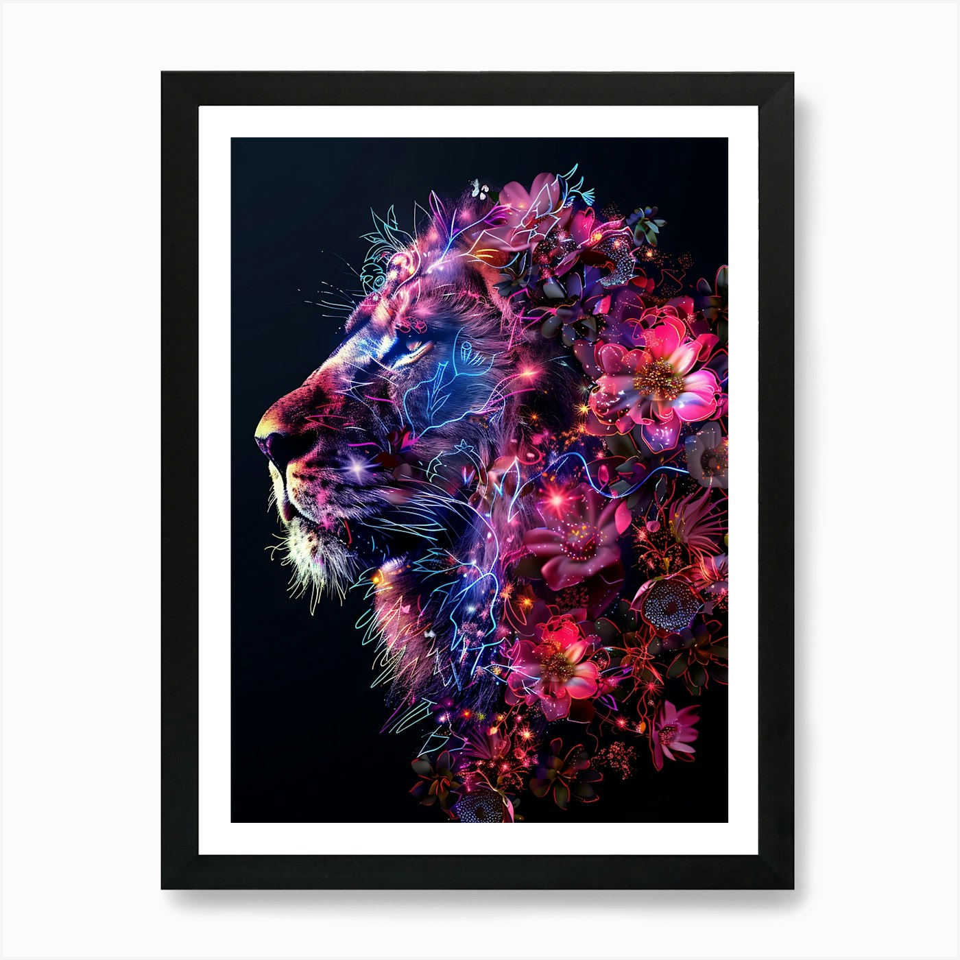Lion With Flowers 11 Art Print Framed Wall Art Poster Canvas Print Picture