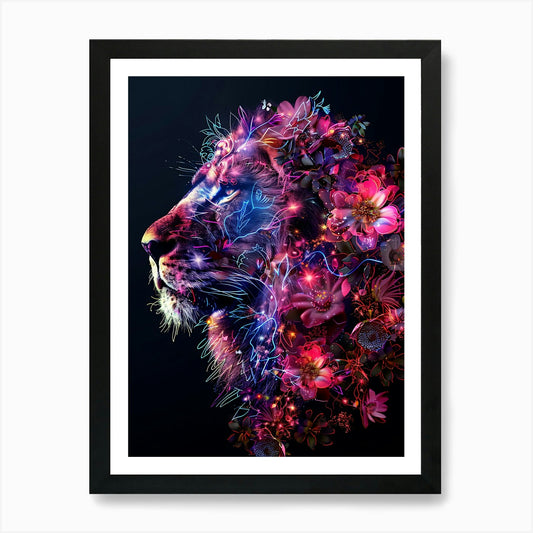 Lion With Flowers 11 Art Print Framed Wall Art Poster Canvas Print Picture