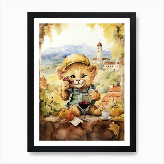 Tasting Wine Watercolour Lion Art P Framed Wall Art Poster Canvas Print Picture