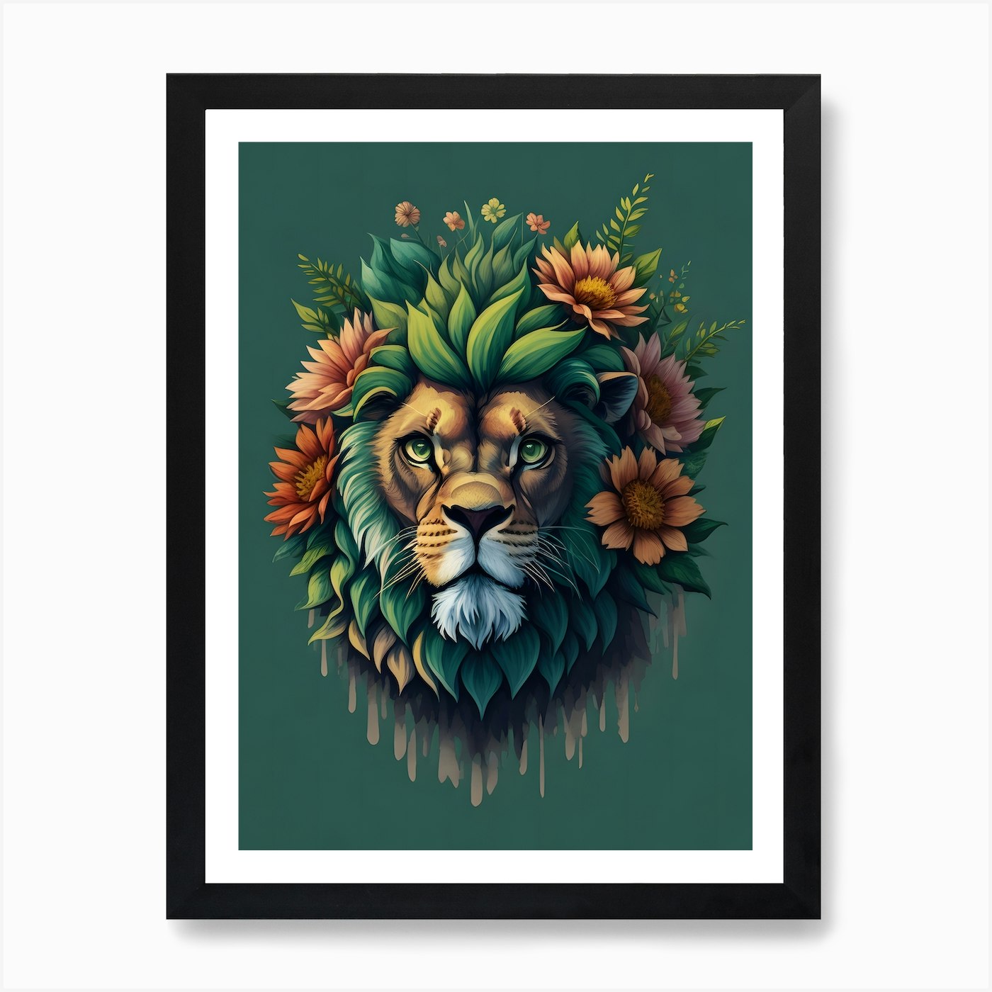 Vintage lion with flowers Art Print Framed Wall Art Poster Canvas Print Picture