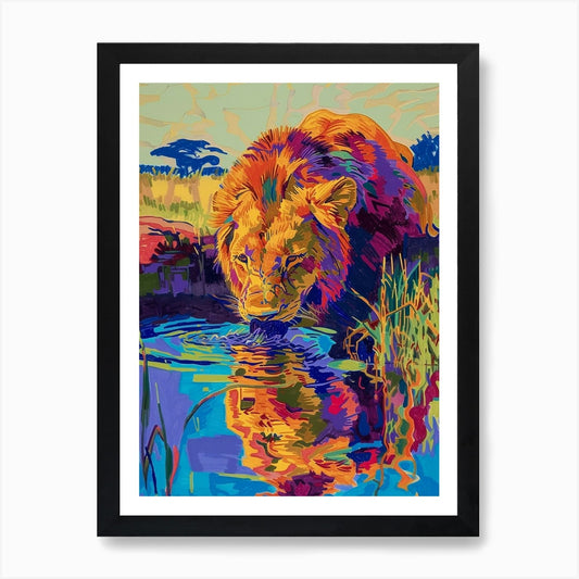 Transvaal Lion Drinking From A Wate Framed Wall Art Poster Canvas Print Picture