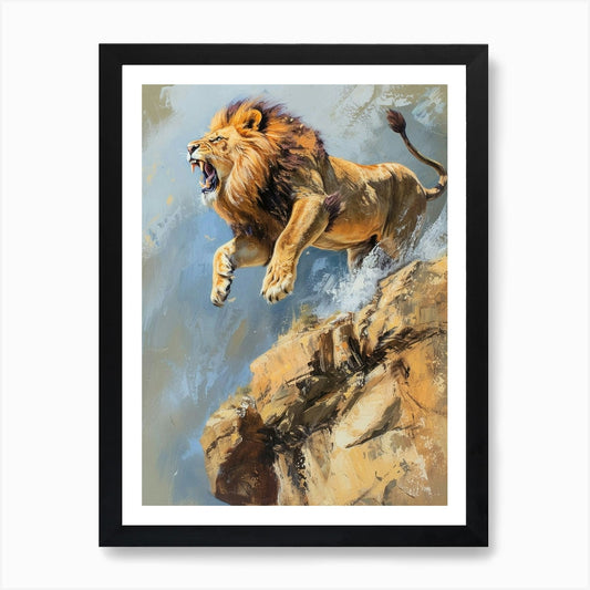African Lion Roaring On A Cliff Acr Framed Wall Art Poster Canvas Print Picture