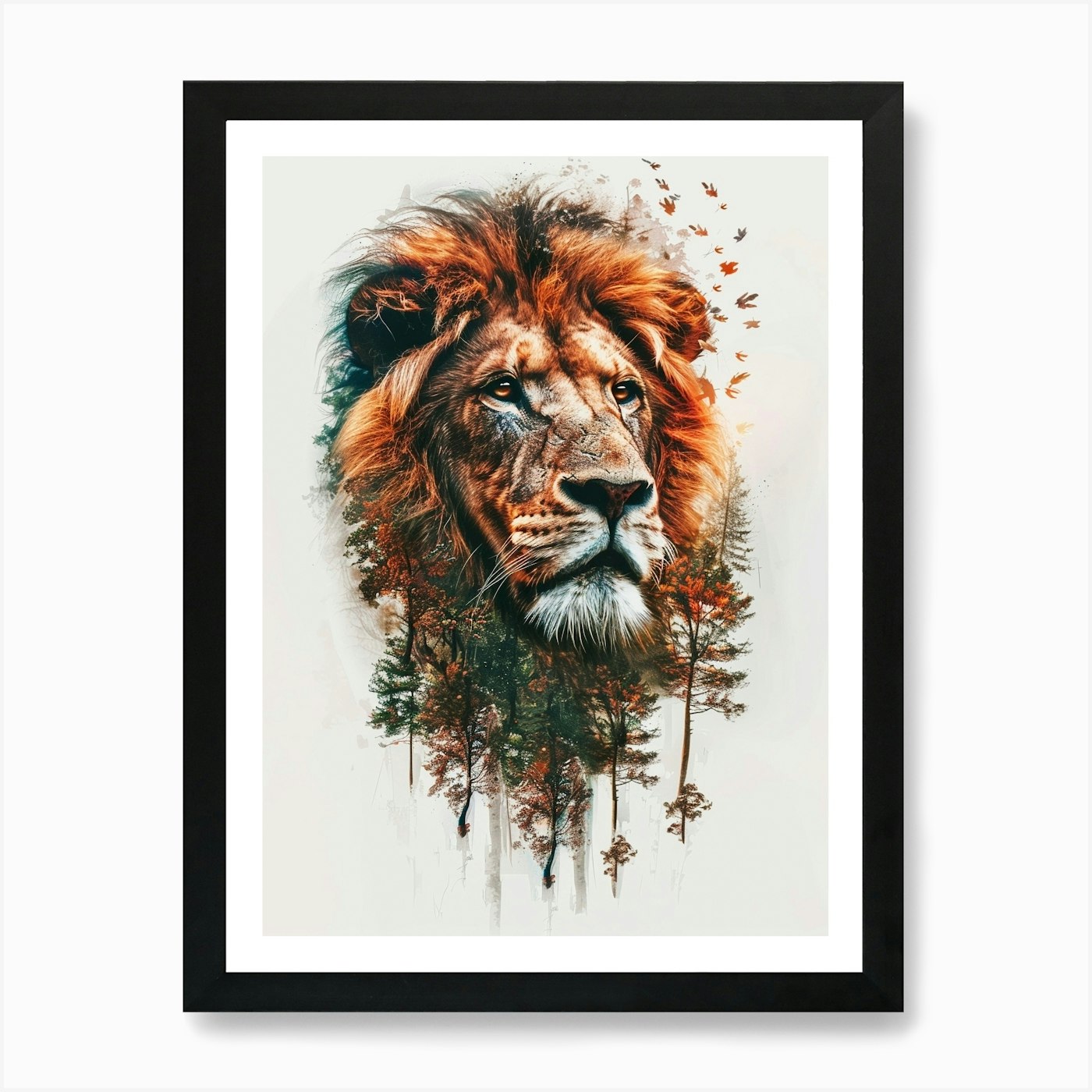 Double Exposure Realistic Lion With Framed Wall Art Poster Canvas Print Picture