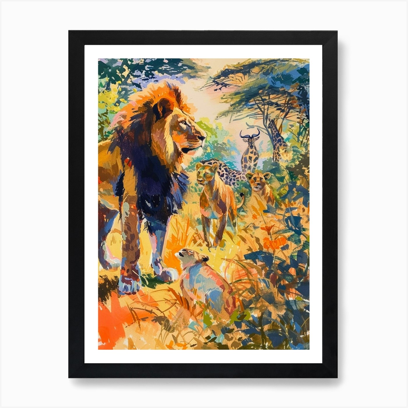 Masai Lion Interaction With Other W Framed Wall Art Poster Canvas Print Picture