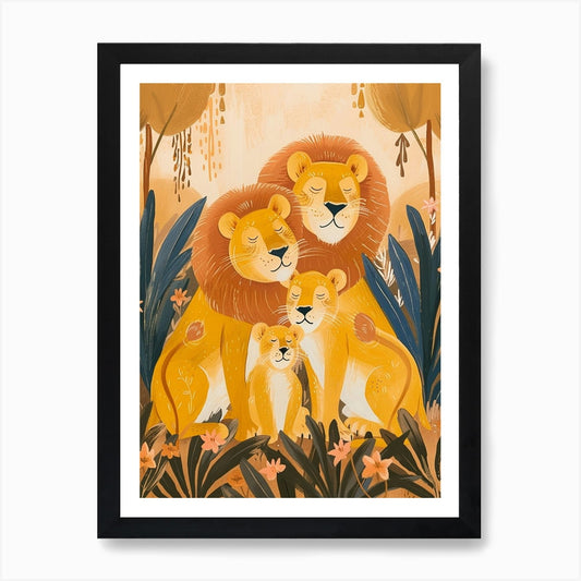 African Lion Family Bonding Illustr Framed Wall Art Poster Canvas Print Picture