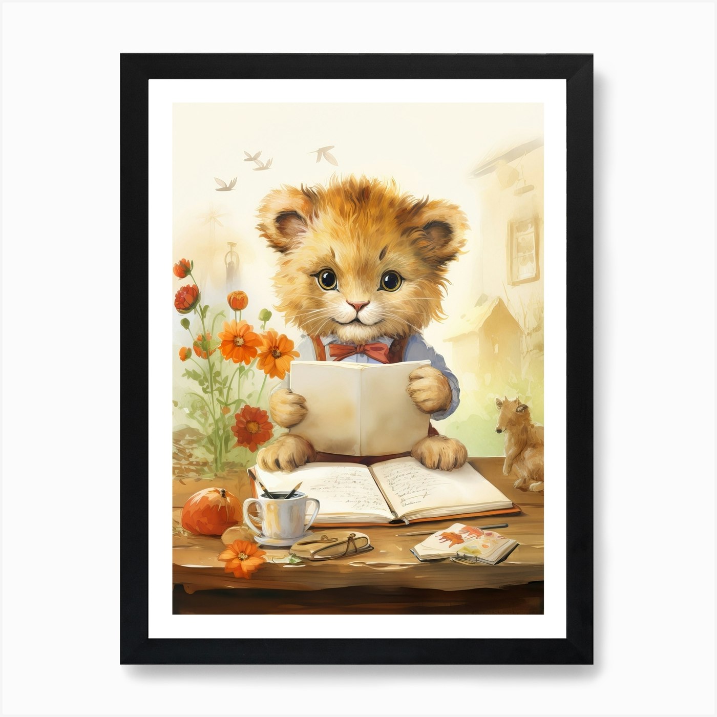Writing Watercolour Lion Art Painti Framed Wall Art Poster Canvas Print Picture