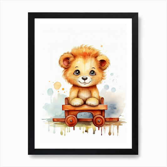 Baby Lion On A Toy Car, Watercolour Framed Wall Art Poster Canvas Print Picture