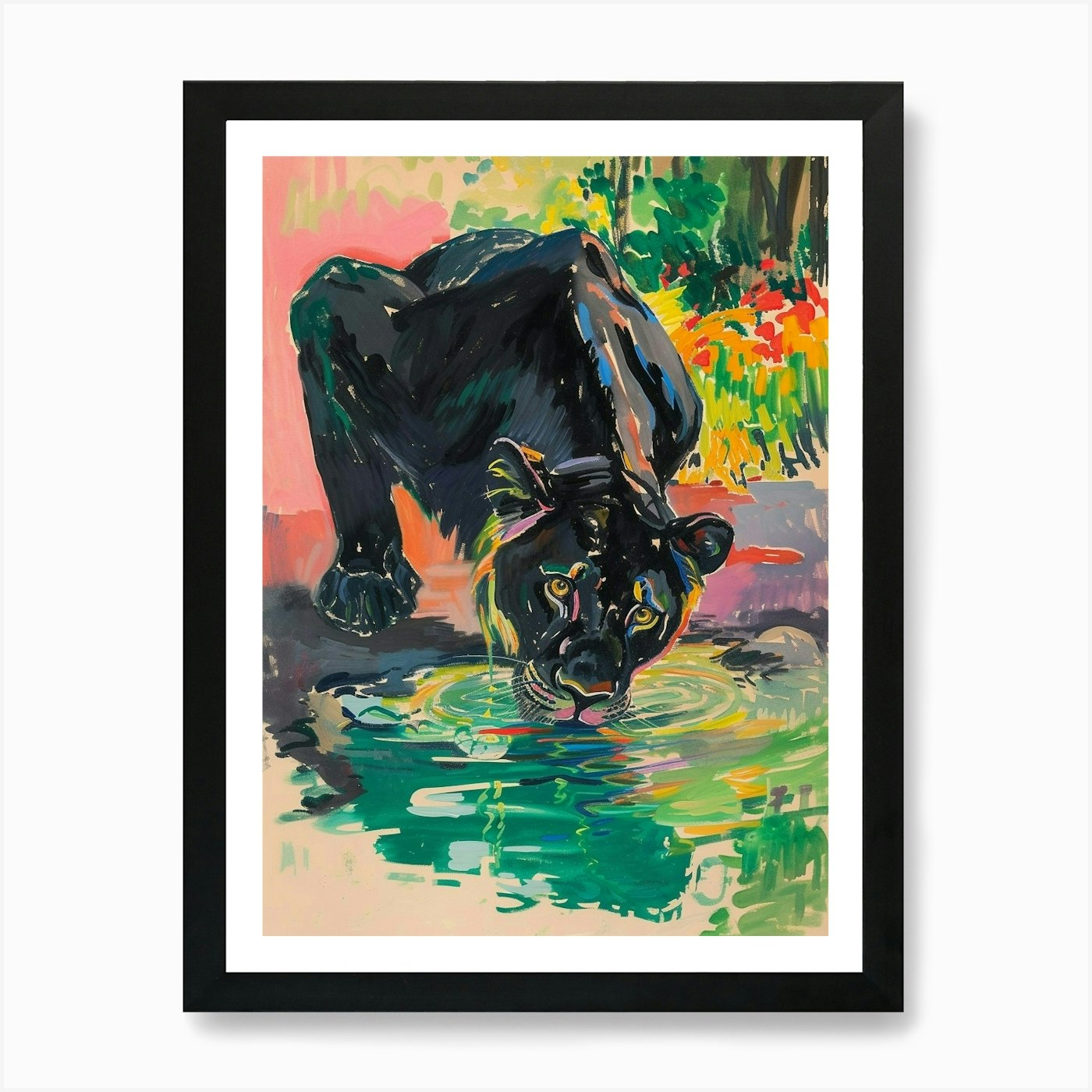 Black Lion Drinking From A Watering Framed Wall Art Poster Canvas Print Picture