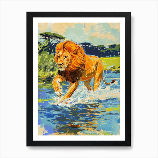 Masai Lion Crossing A River Fauvist Framed Wall Art Poster Canvas Print Picture