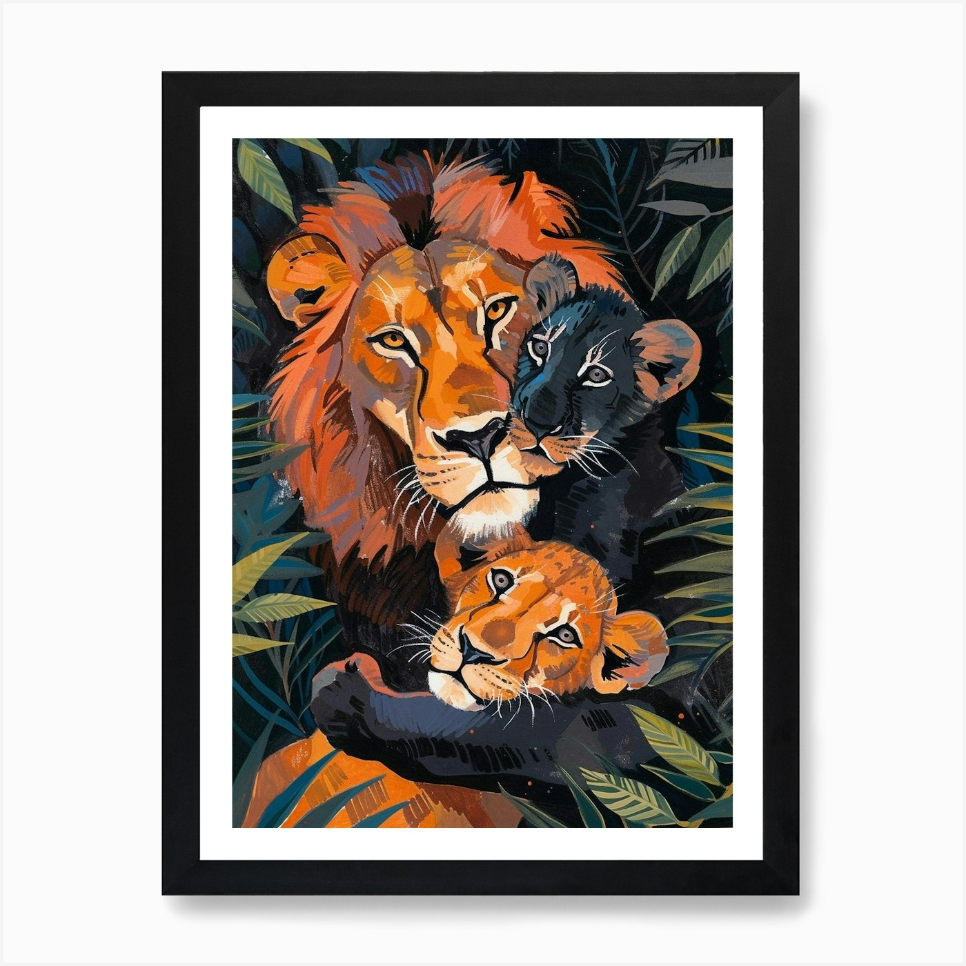 Black Lion Family Bonding Fauvist P Framed Wall Art Poster Canvas Print Picture
