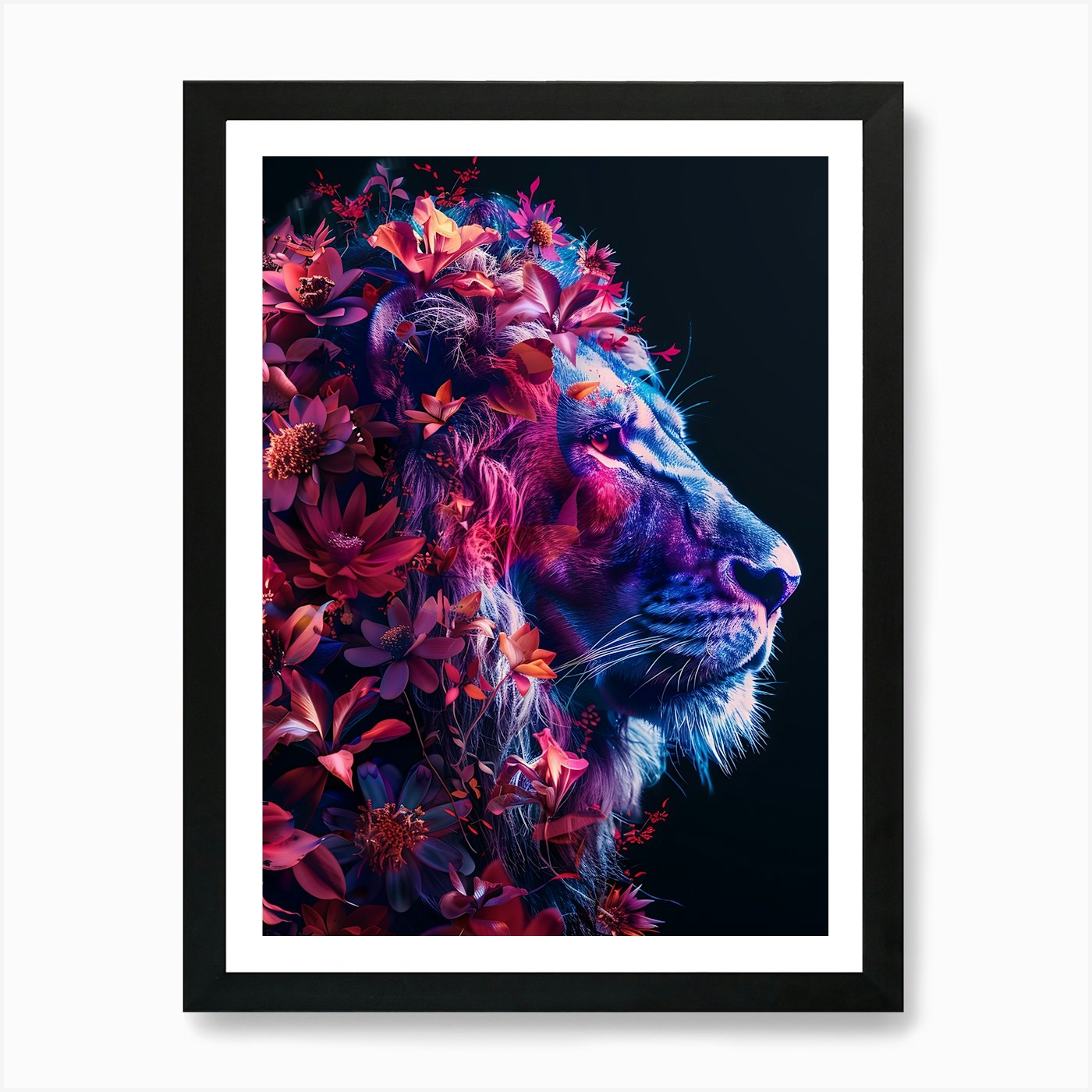 Lion With Flowers 8 Art Print Framed Wall Art Poster Canvas Print Picture