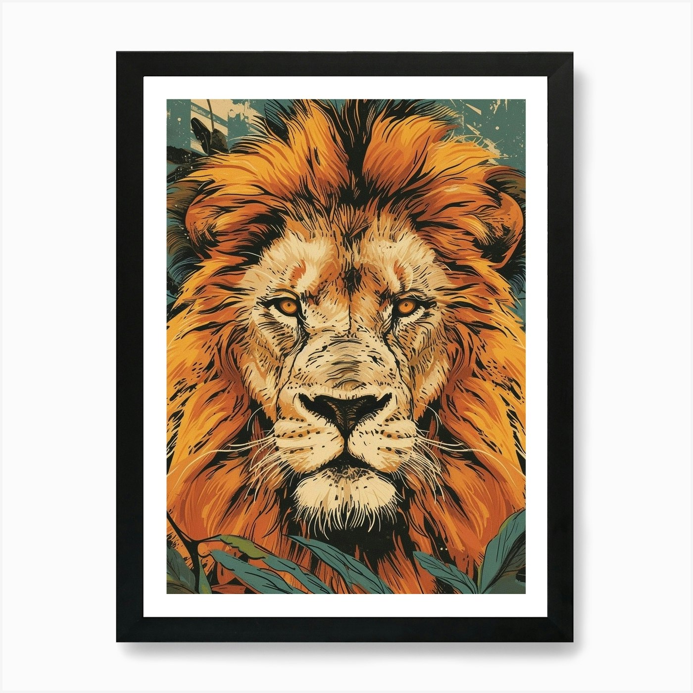 African Lion Portrait Close Up Illu Framed Wall Art Poster Canvas Print Picture
