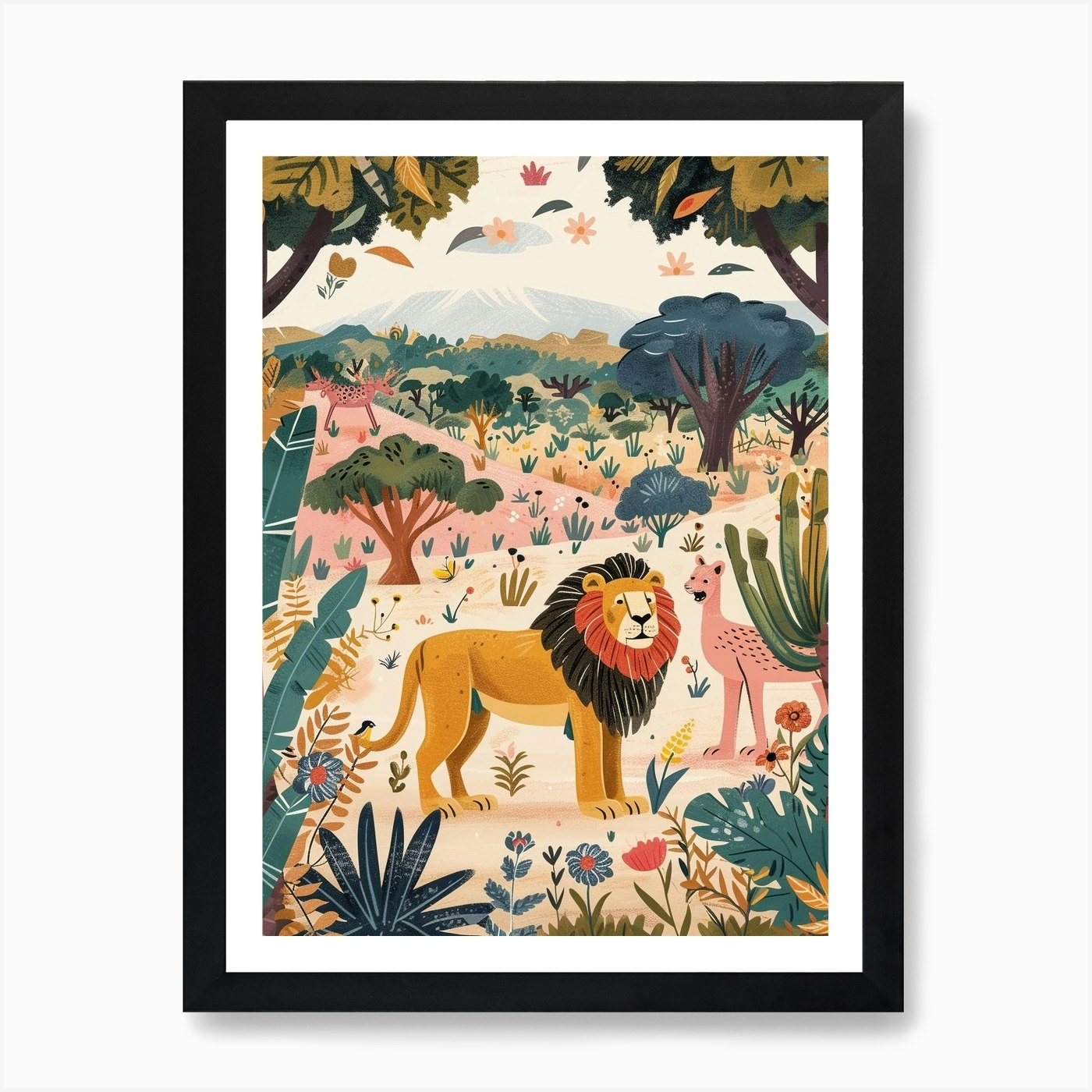 Barbary Lion Interaction Illustrati Framed Wall Art Poster Canvas Print Picture