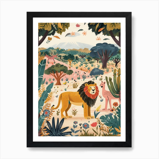Barbary Lion Interaction Illustrati Framed Wall Art Poster Canvas Print Picture