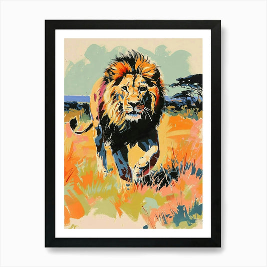 Asiatic Lion Hunting In The Savanna Framed Wall Art Poster Canvas Print Picture