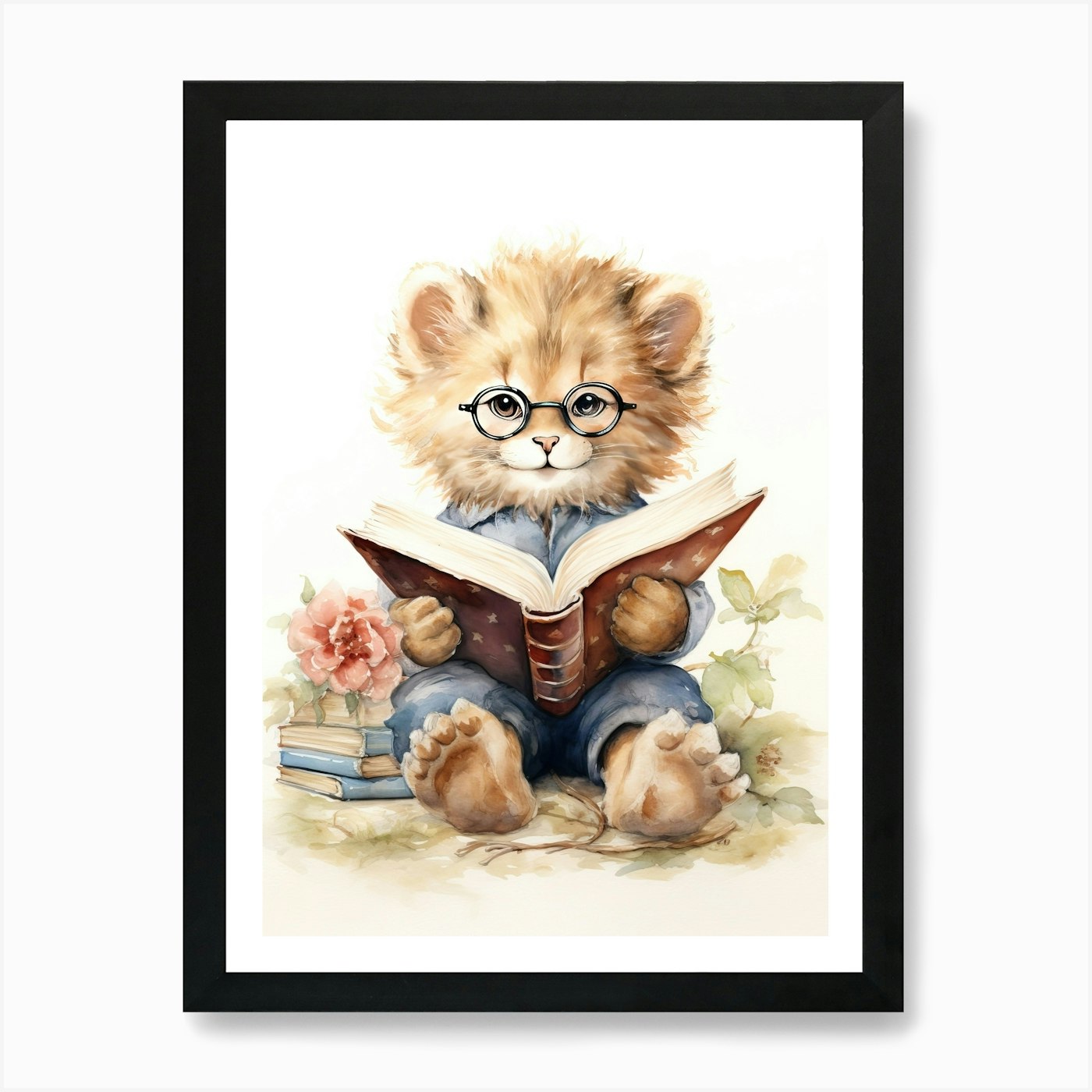 Reading Books Watercolour Lion Art  Framed Wall Art Poster Canvas Print Picture