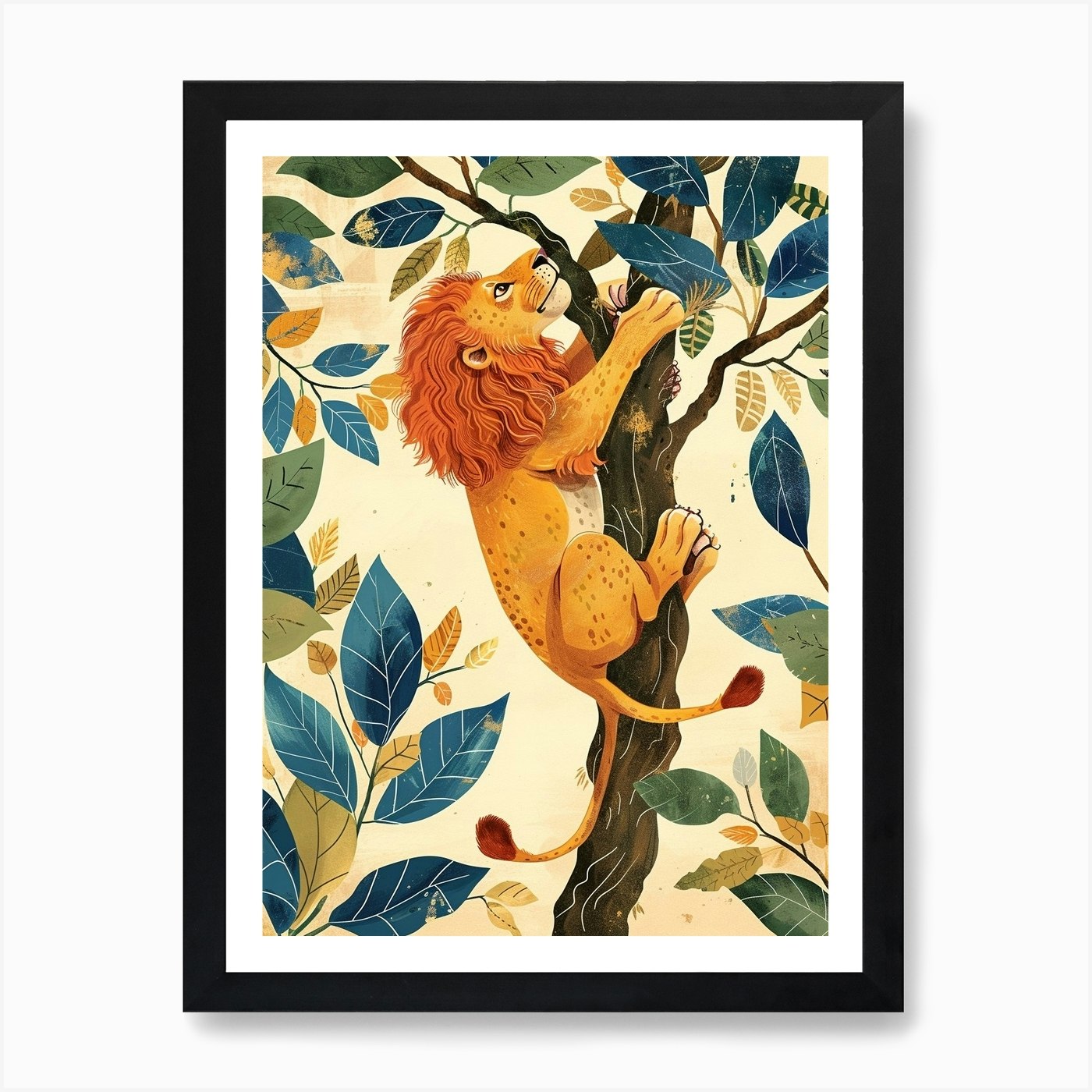 African Lion Climbing A Tree Illust Framed Wall Art Poster Canvas Print Picture