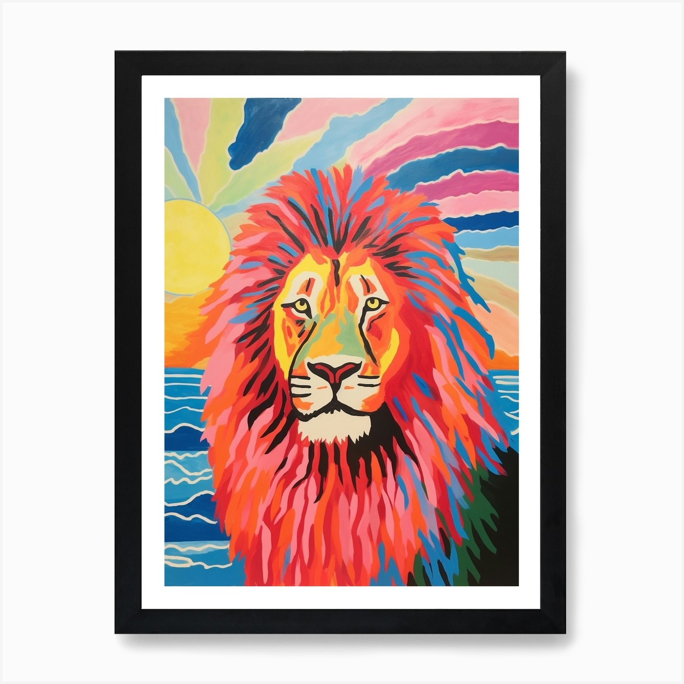 Vivid Bright Lion In The Sunset 2 A Framed Wall Art Poster Canvas Print Picture