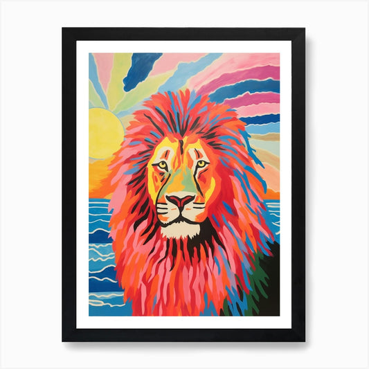 Vivid Bright Lion In The Sunset 2 A Framed Wall Art Poster Canvas Print Picture