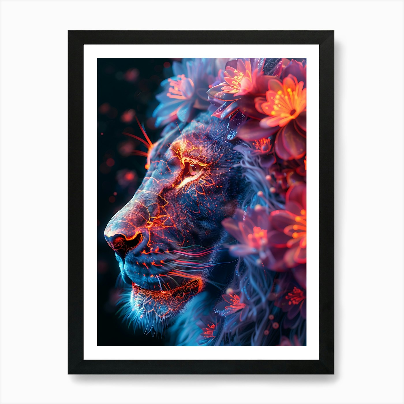 Lion With Flowers 1 Art Print Framed Wall Art Poster Canvas Print Picture
