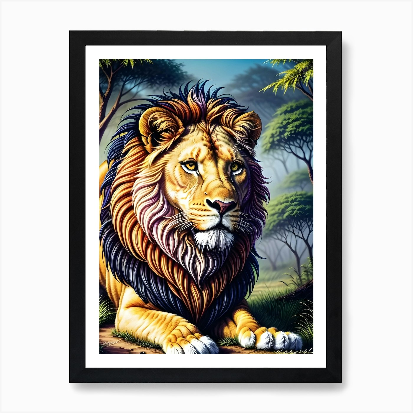 Majestic Lion In Forest Art Print Framed Wall Art Poster Canvas Print Picture