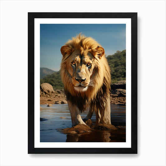 African Lion Drinking From A Stream Framed Wall Art Poster Canvas Print Picture
