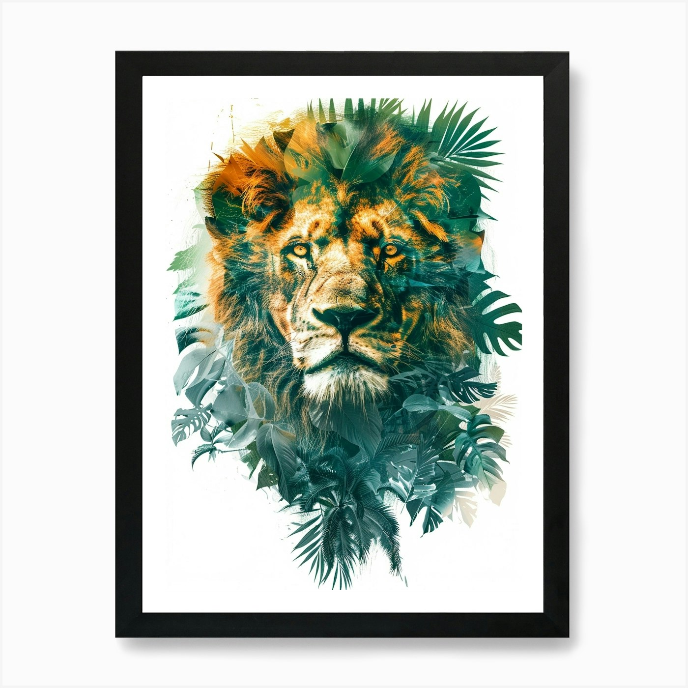 Double Exposure Realistic Lion With Framed Wall Art Poster Canvas Print Picture