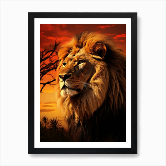 African Lion Sunset Painting 1 Art  Framed Wall Art Poster Canvas Print Picture