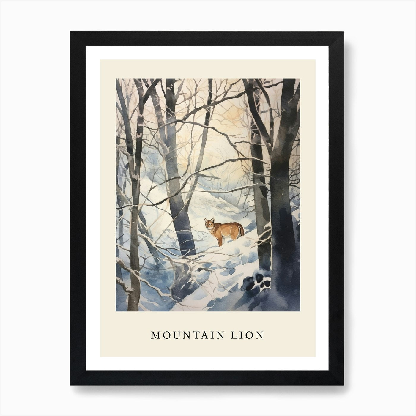 Winter Watercolour Mountain Lion 3  Framed Wall Art Poster Canvas Print Picture
