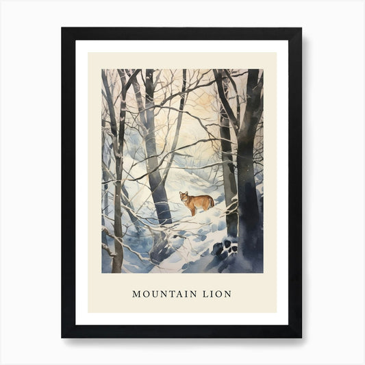 Winter Watercolour Mountain Lion 3  Framed Wall Art Poster Canvas Print Picture