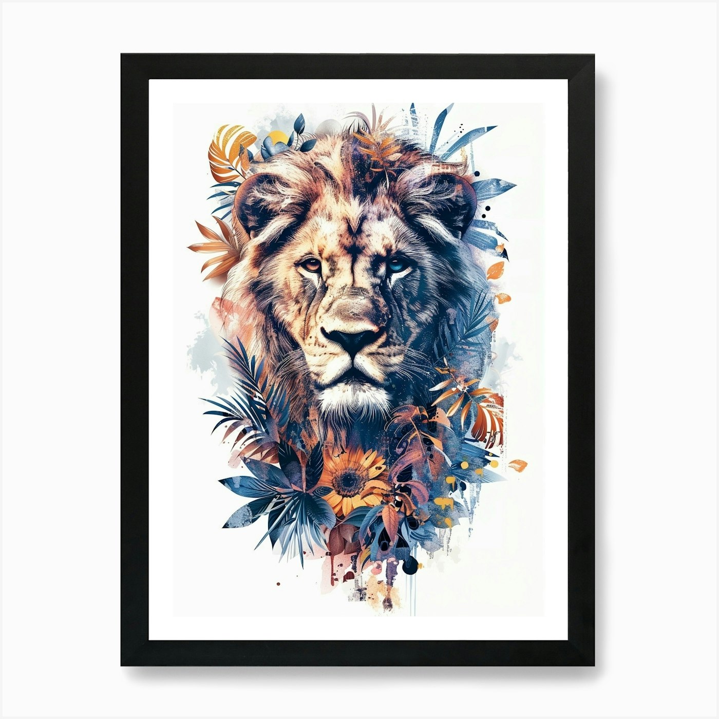 Double Exposure Realistic Lion With Framed Wall Art Poster Canvas Print Picture