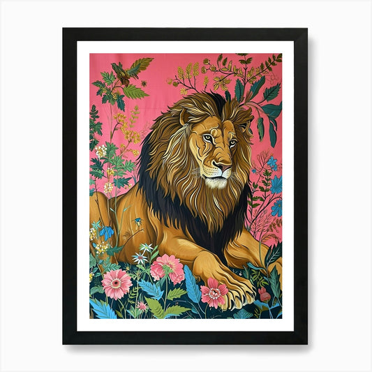 Floral Animal Painting Lion 4 Art P Framed Wall Art Poster Canvas Print Picture