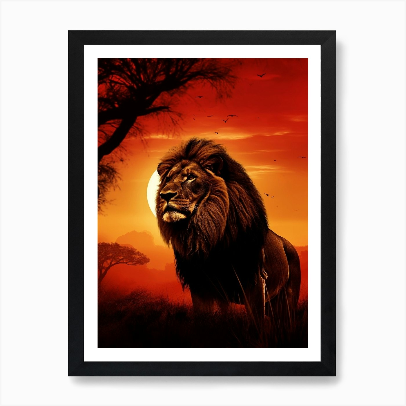 African Lion Sunset Painting 5 Art  Framed Wall Art Poster Canvas Print Picture