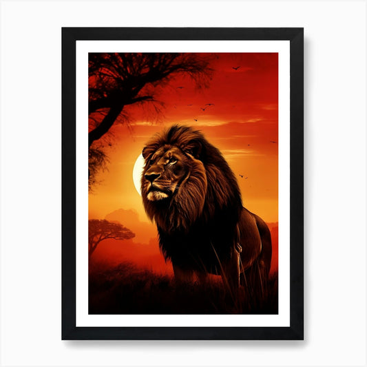 African Lion Sunset Painting 5 Art  Framed Wall Art Poster Canvas Print Picture