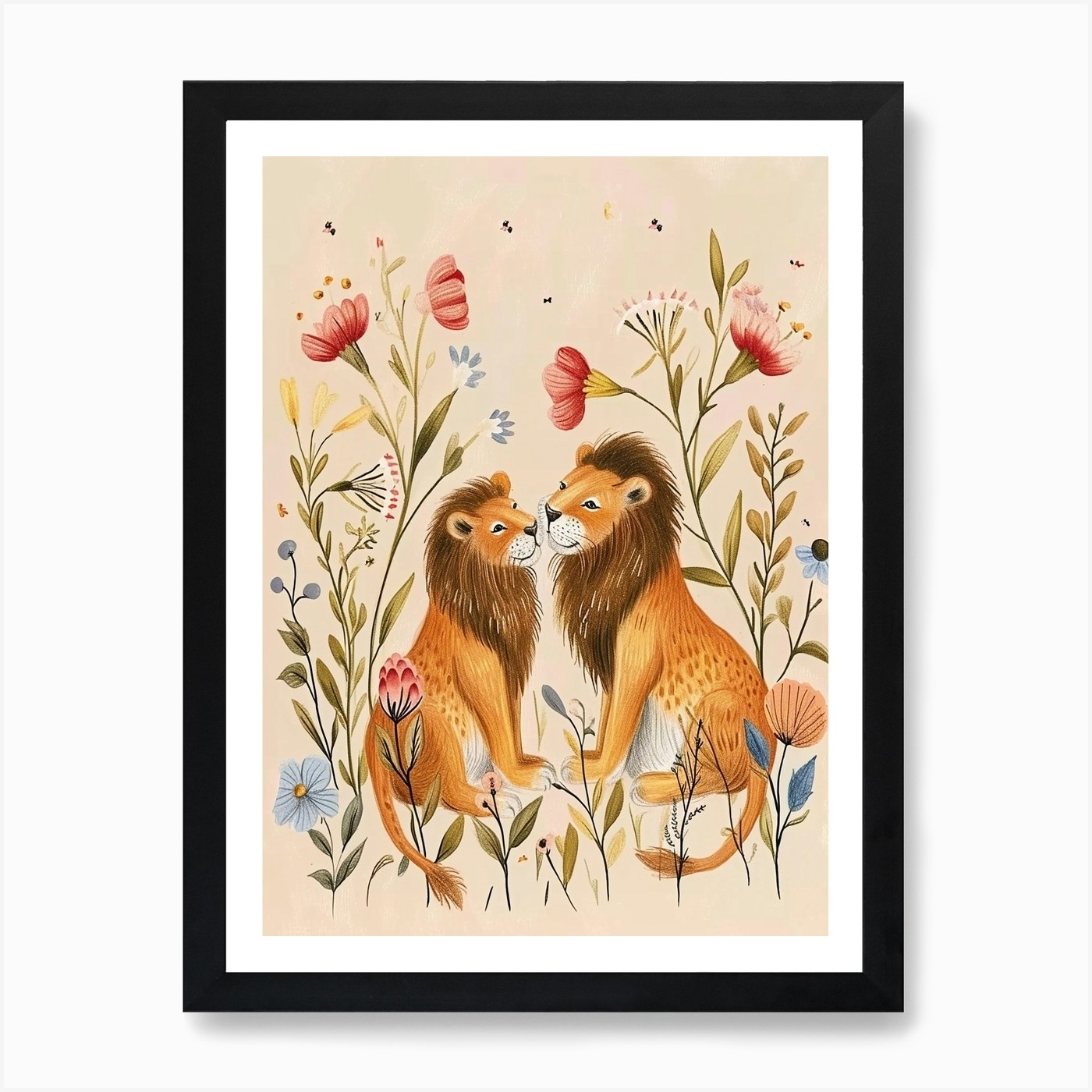 Folksy Floral Animal Drawing Lion 3 Framed Wall Art Poster Canvas Print Picture