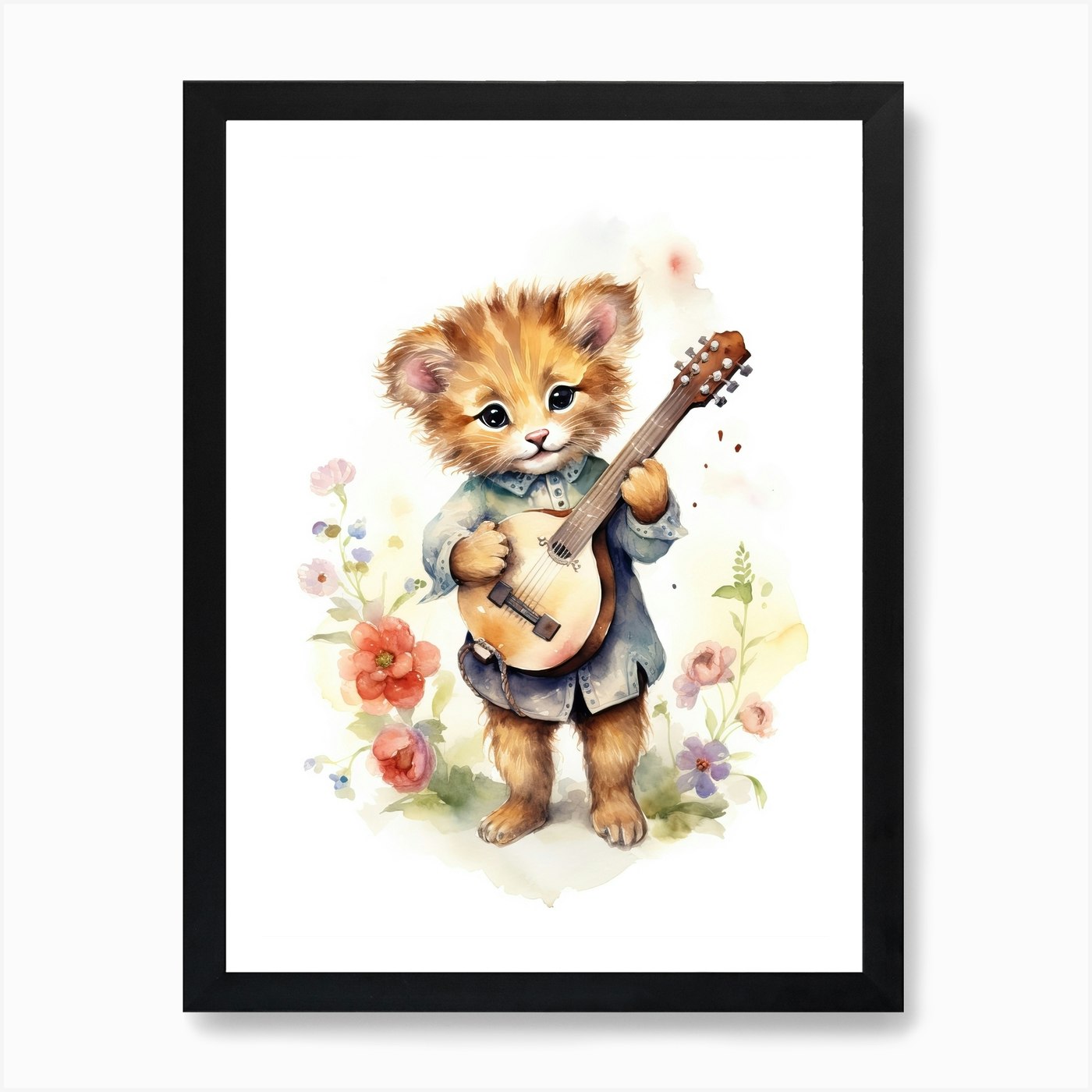 Playing Music Watercolour Lion Art  Framed Wall Art Poster Canvas Print Picture