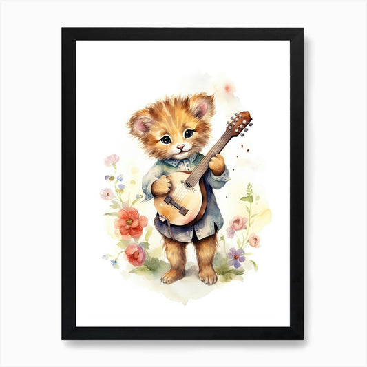 Playing Music Watercolour Lion Art  Framed Wall Art Poster Canvas Print Picture