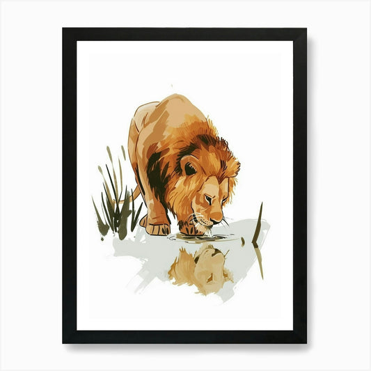 Barbary Lion Drinking From A Water  Framed Wall Art Poster Canvas Print Picture