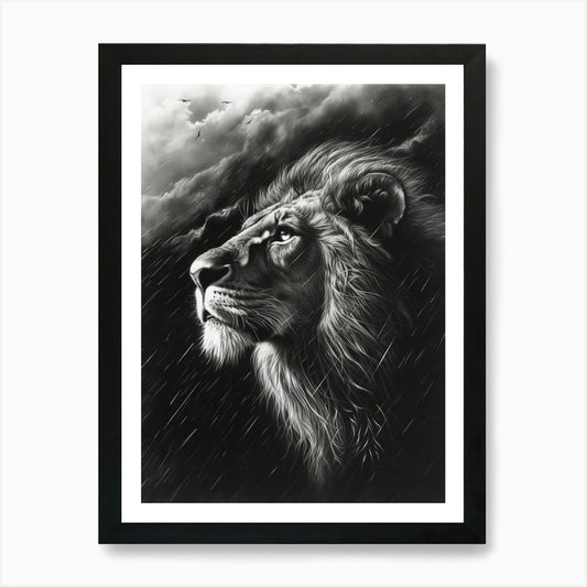 African Lion Charcoal Drawing Facin Framed Wall Art Poster Canvas Print Picture