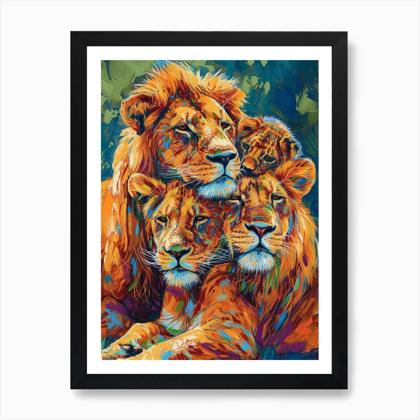 Asiatic Lion Family Bonding Fauvist Framed Wall Art Poster Canvas Print Picture